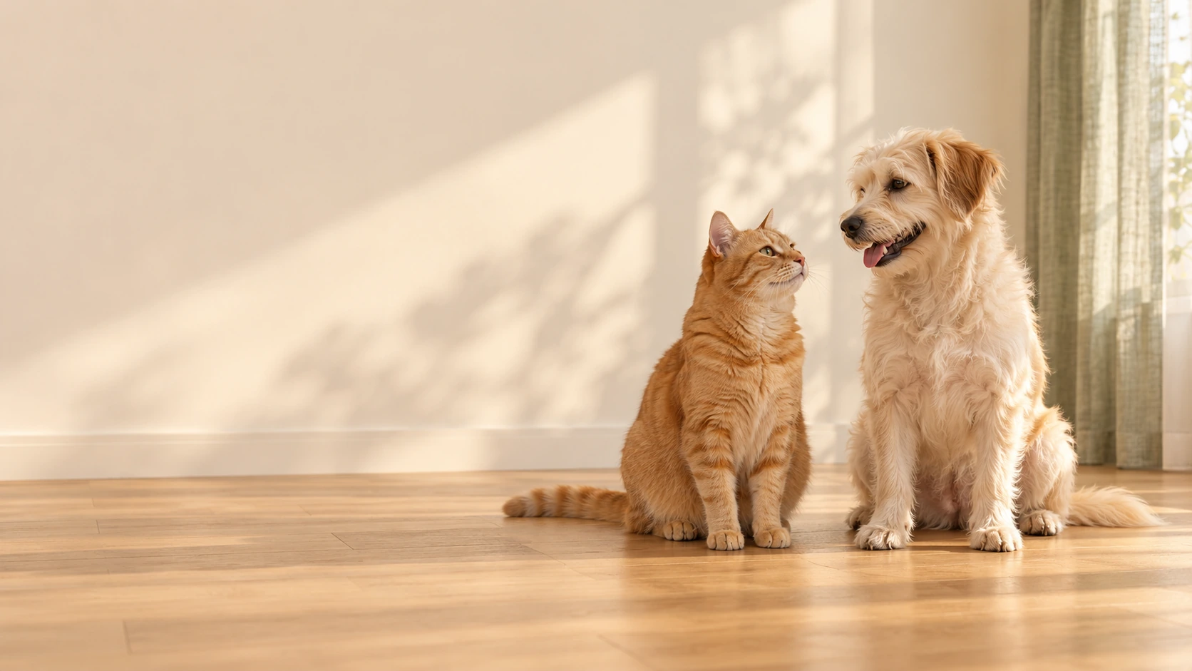 A ginger cat and cream dog in a sunlit homeslider_item_1